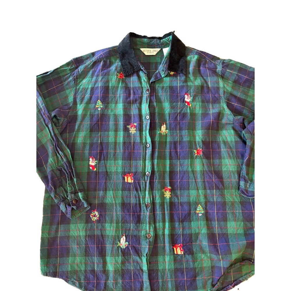 90’s Victoria Jones Tartan Plaid Christmas Button Up Shirt Embroidery Teacher 1X